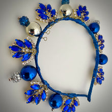 Load image into Gallery viewer, A royal blue hand made fascinator with marquee cut rhinestones across the headband with alternating metallic blue beads